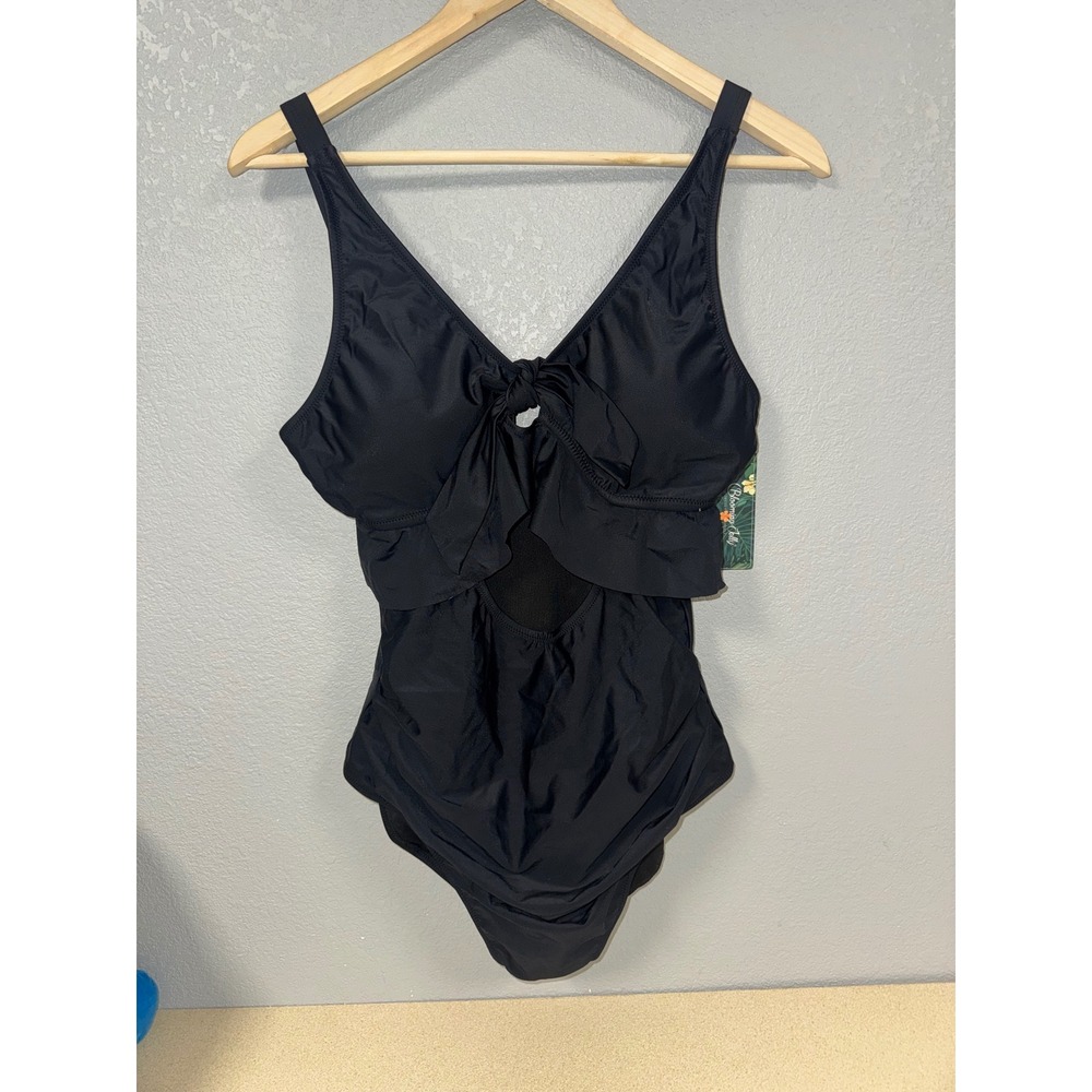 Blooming Jelly Black Ruffle V Neck One Piece Swimsuit Cutout Large NEW